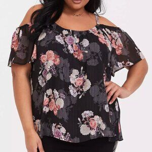 TORRID 2 Plus Size Black Floral Lurex Cold Shoulder Top Pink Floral Short Sleeve